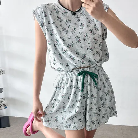 [무배] 여자 여름 플라워 스트링 민소매 반바지 트윈룩 세트