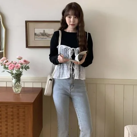 [미라클세븐]오픈 레이스뷔스티에 레이어드 시스루 프릴나시 긴