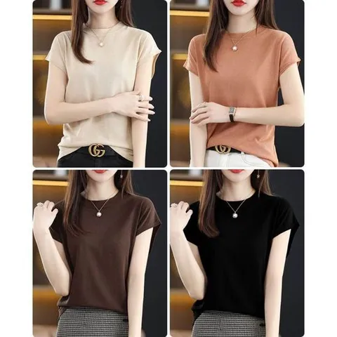 여름 시원한 편한 여성 라운드넥 니트 반팔 티셔츠