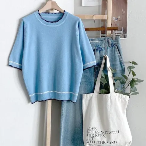 [미라클세븐]반팔니트 라운드 스트라이프 테두리 자켓이너티 하