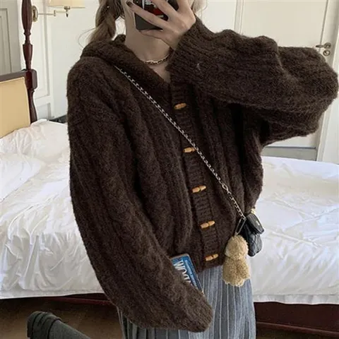 여성 니트 후드 떡볶이 가디건 단추 꽈배기 2color