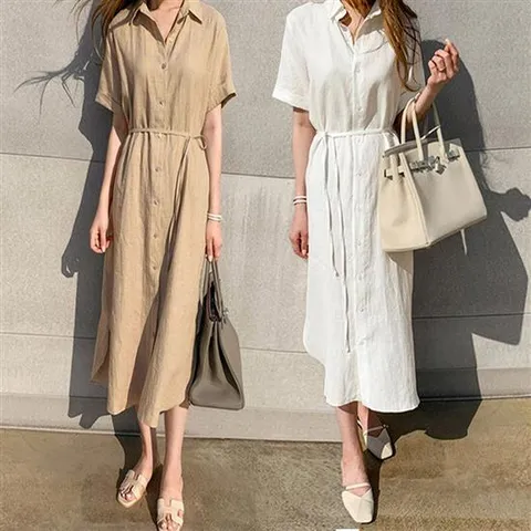 린넨 시원한 셔츠 여름 여성 루즈핏 반팔 원피스 롱