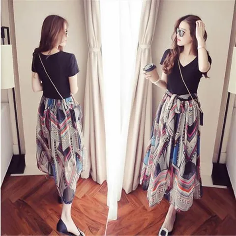 페이즐리 v넥 스커트 투피스 블랙 쉬폰 일체형 반팔티