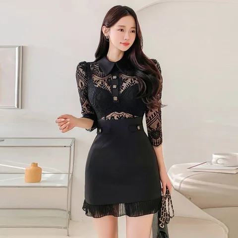 러블리감성 / 봄 여름 블랙 꽃단추 레이스 미니 원피스 / 섹시 파티