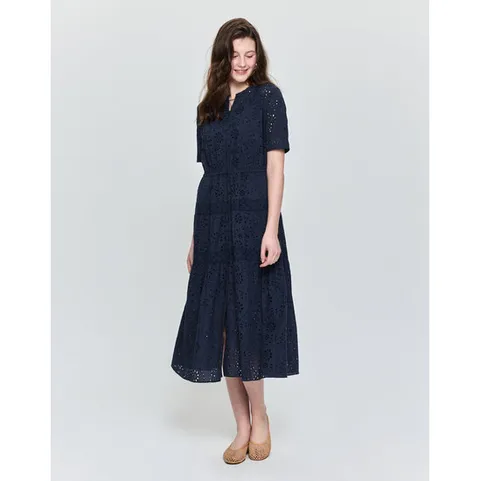 헤지스 여성 25SS 라운드넥 아일렛 티어드 반소매원피스 네이비 HSDR5B305N2