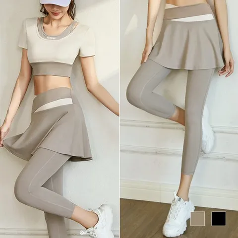 [리빌모아]여자 요가 끈나시 반팔 탑 치마 레깅스 세트 SDW-LGT-