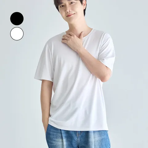 남성 심플 무지 반팔티 인견 스판 티셔츠 이너티 레이어드 반팔티셔츠