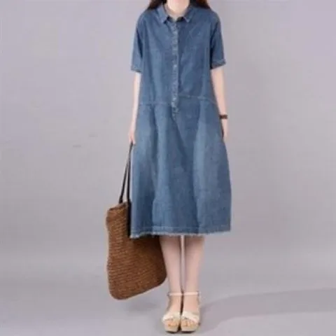 데님 여름 반소매 박시핏 청 원피스