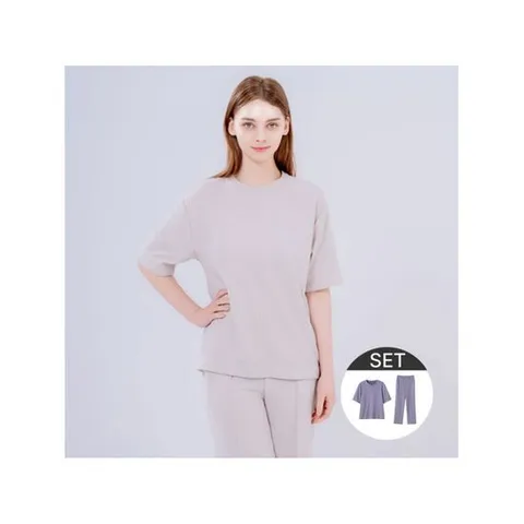 [홈쇼핑HIT]홈웨어 반팔 티셔츠+와이드 팬츠 세트_베이지