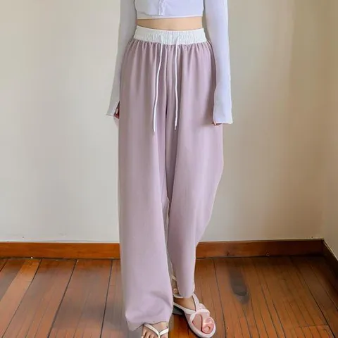 여성 통기성 배색 밴딩 바지 여름 일자 팬츠