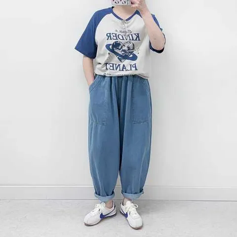 미즈큐즈 / 빅사이즈 빅포켓 밴딩 데님 배기 팬츠 통큰 청바지 2c