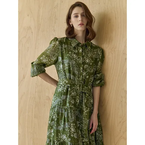 [M.GRAF] 플라워 페이즐리 패턴 벨티드 셔츠 롱 원피스