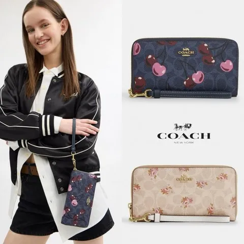 코치 COACH 여자 지갑 플로랄 체리 프린티드 시그니쳐 지퍼 스트랩 장지갑