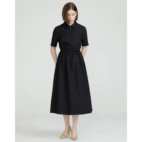 닥스 여성 25SS 블랙 레오파드 자카드 반소매 카라 집업 원피스 DLDR5B305BK