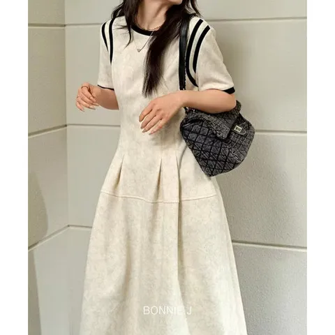 보니제이 / 반팔 배색 A라인 롱원피스 캐주얼 베이지 무지원피스