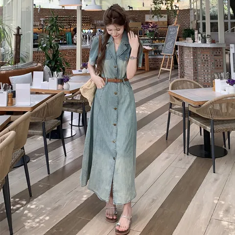 [페리엠]데님 워싱 테일러드 롱 봄 여름 티시데님롱원피스
