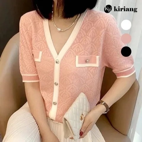 [키리앙] 로앤 브이넥 반팔 니트 가디건