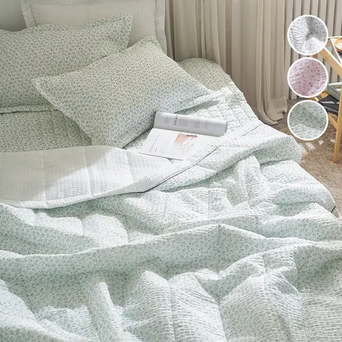 [Q이불+패드+베개커버] 꽃무늬 여름 냉감 시어서커 차렵 누빔 양면 이불 가벼운 침구 퀸 Q 침대 패드 세트