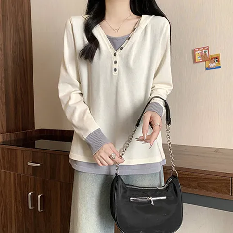 [유니제이] 챌로니 레이어드 후드 니트티
