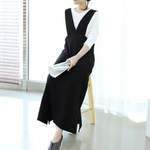 브이라인 캐쥬얼 멜빵원피스 뷔스티에 옆트임 롱원피스