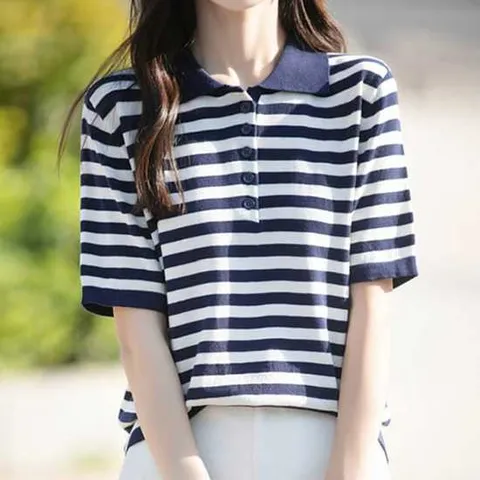 나바바 / NK2920 여성 캐주얼 단가라 버튼 카라 반팔 니트티