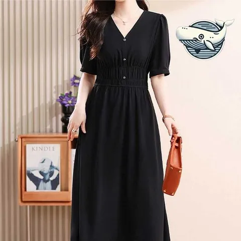 여성용 블랙 브이넥 버튼 원피스 반팔 어깨셔링