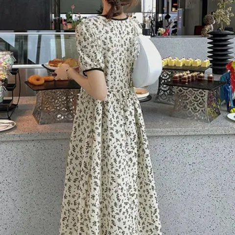 여성 여름 스퀘어넥 플라워 패턴 코튼 반팔 롱 원피스