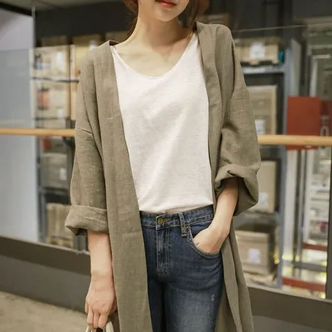 여성 봄 여름 데일리 린넨 롱 가디건 편안한 아우터