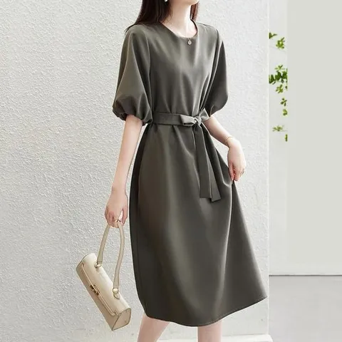 S 9721 여자퍼프반팔소매스트원피스 플 벨티드 호캉스