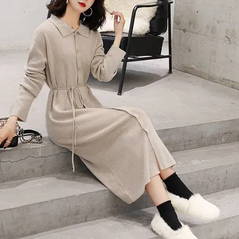 베이지 베이직 원피스 핏 스트링 여성 데일리