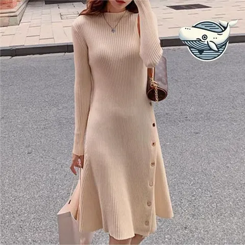 베이지 골지 니트 원피스 플레어 스타일 봄