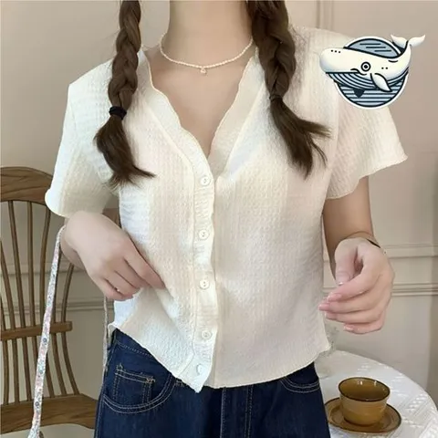 여름 주름패턴 반팔 가디건 브이넥 크롭 캐주얼