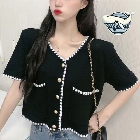 여름 반팔 니트 크롭 가디건 세련된 배색 포켓