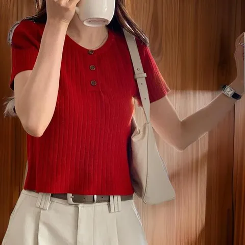 여성용 빨간색 꽃 모양 펀칭 크롭 니트 반팔티