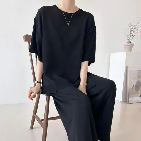 [다잇템]여자 라운드니트 통바지 오버반팔티 세트