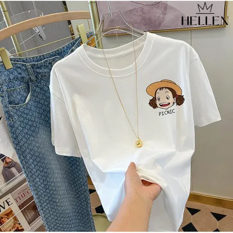 [헬렌] 여성 루즈핏 프린팅 반팔티 메이면반팔티 G-408