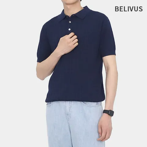 [빌리버스]빌리버스 남성 여름 케이블 니트 카라 반팔 티셔츠 BR