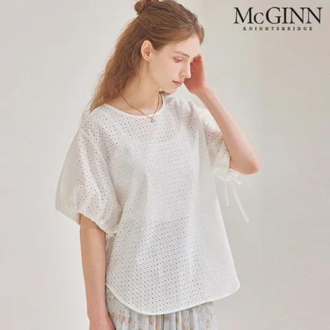 아일렛 리본 스트링 슬리브 블라우스_MI5M1BL5041