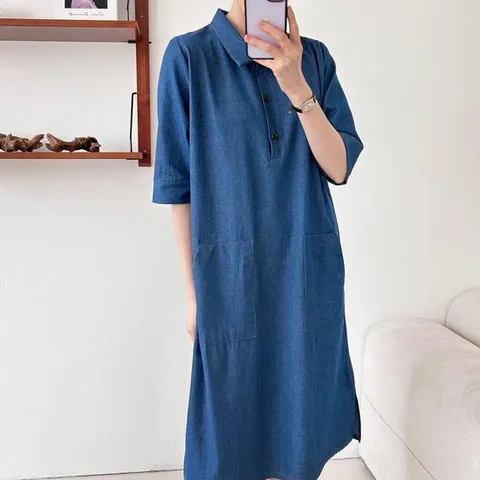 여자 여름 빅사이즈 빅포켓 반오픈 카라 청 롱원피스