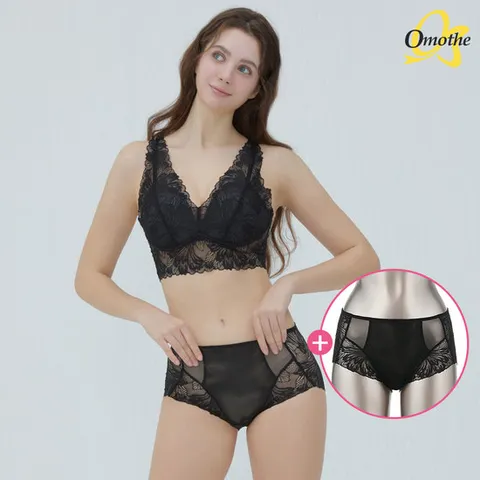 [1세트+팬티추가증정] 오모떼 이지업 에델 레이스 브라렛 브라팬티 3종 세트/에보니블랙
