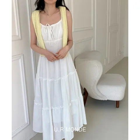 여름원피스 민소매 캉캉 롱 원피스 레이어드 빅사이즈 나시 이너원피스 휴양지 블랙 화이트