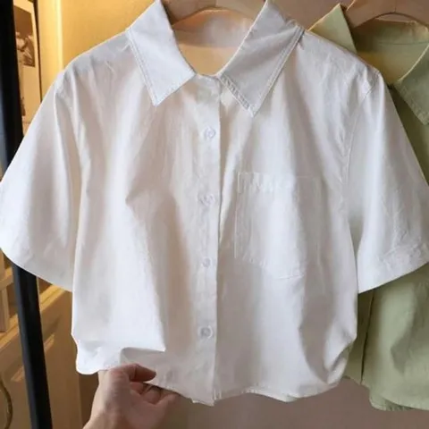 기장 크롭 캐주얼 가슴 포켓 베이직 디자인 카라 반팔