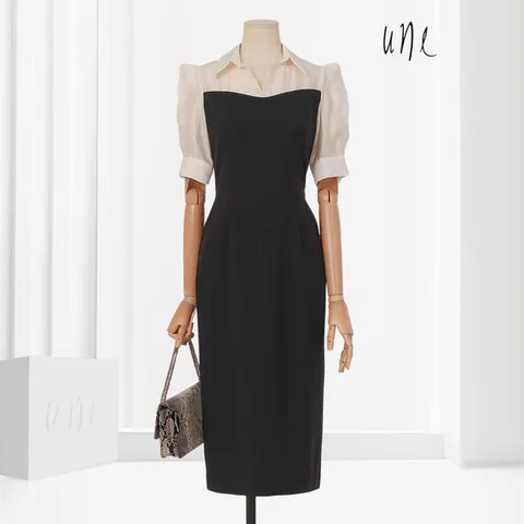 [une] [77까지]배색블록 엣지숄더원피스