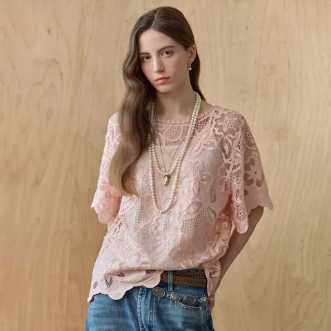 [MAXZA] 플라워 아일렛 레이스 반팔 블라우스