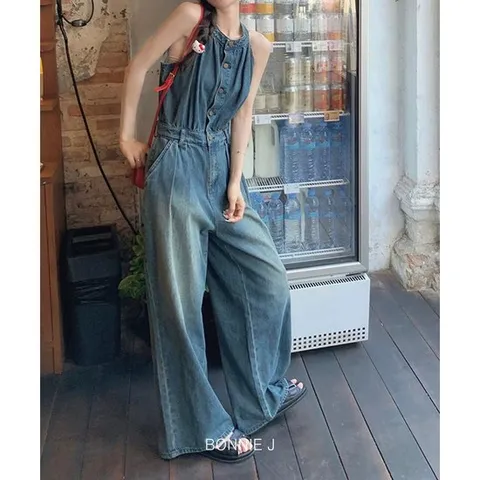 [보니제이]데님 멜빵 오버롤 청바지 팬츠 빅사이즈 롱 멜빵바지