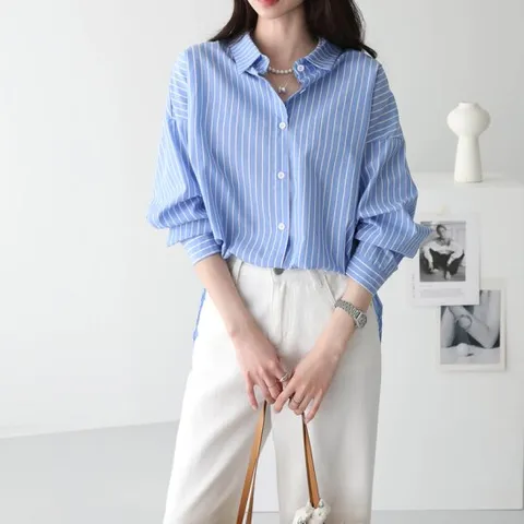 [메르시마리에] 49683 스트라이프 뒷리본 린넨혼방 셔츠