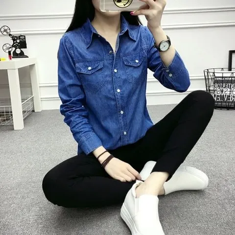 데일리 캐쥬얼 청난방 진청 여성 셔츠 코디 룩