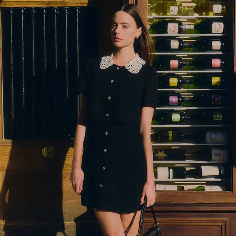 [SATIN] 배색 레이스 카라 트위드 반팔 원피스 O252T612