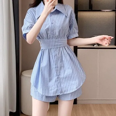 [핑크엘리제]스트라이프 셔츠 하프팬츠 세트 샤니롱투피스