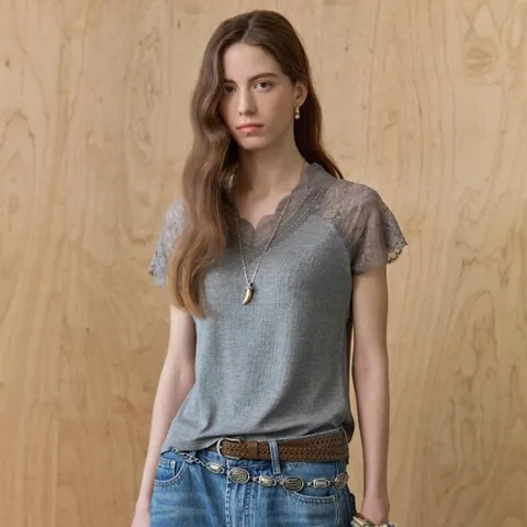 [MAXZA] 래글런 레이스 블록 브이넥 티셔츠